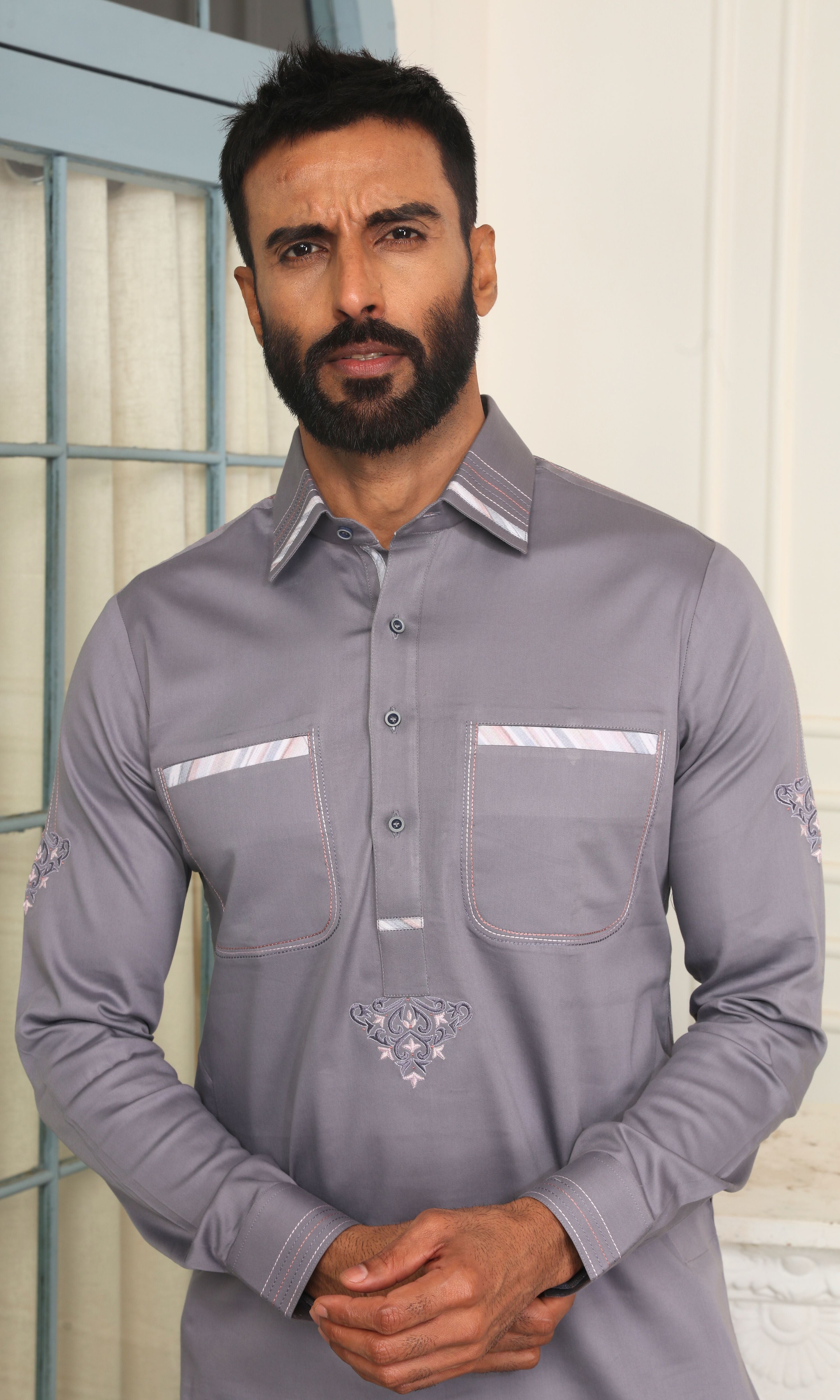 Grey Cotton Kurta Pant Set for Men Traditional Ethnic Wear